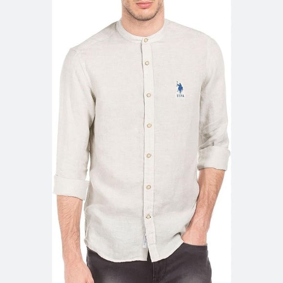 Ralph Lauren US Polo ASSN Irish Linen Button Down Beige Mandarin Collar Sz L EUC - Picture 1 of 12